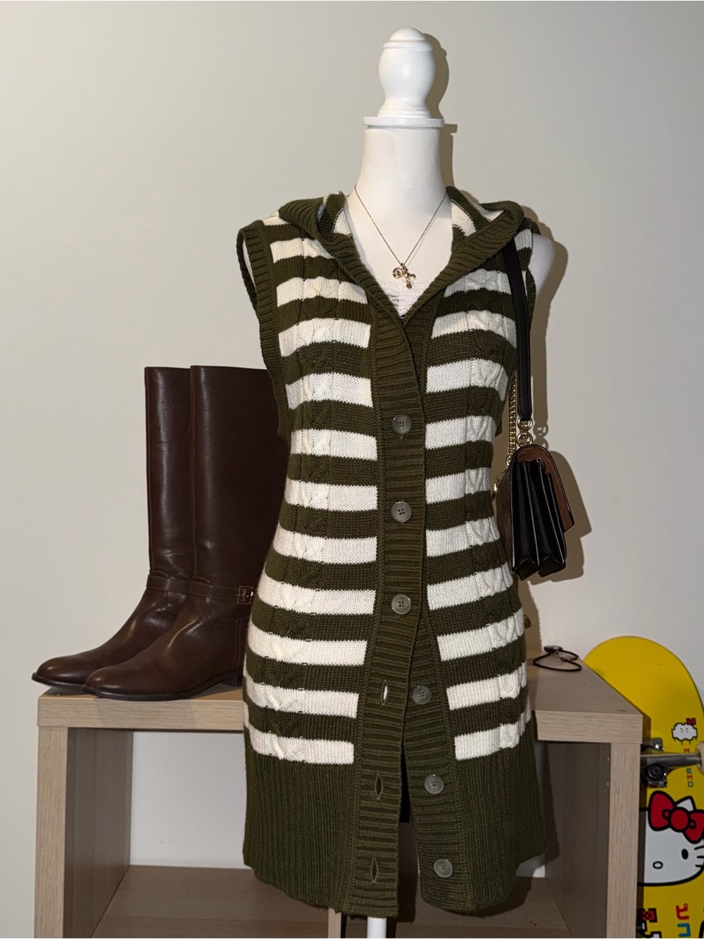 2000s whimsical dark academia white and olive green striped hooded sweater vest
